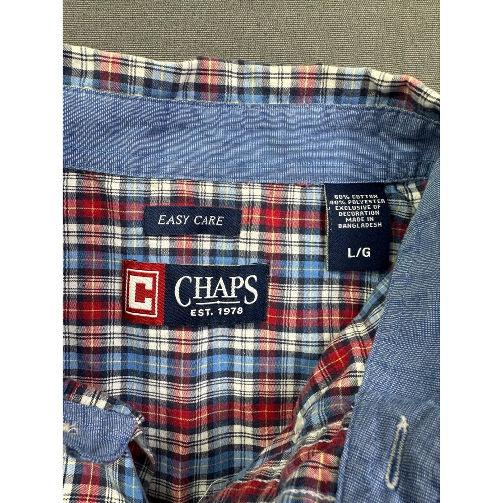 Chaps Men's Easy Care Plaid Button Down Shirt Red‎ Blue White Large Short Sleeve